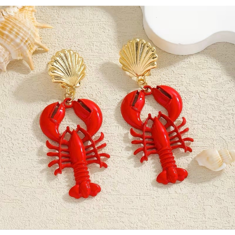 Red Crawfish (Lobster) Drop Earrings with Gold Shell Studs – Coastal Statement E